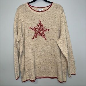 NorthStyle Womens 2X Beige Red Flecked Knit Embroidered Star Pullover Sweater